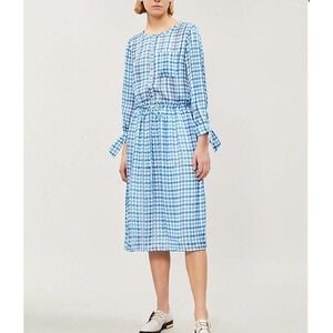 Claudie Pierlot Blue‎ Gingham Check Midi Button Shirt Dress Tie Sleeve Size 40